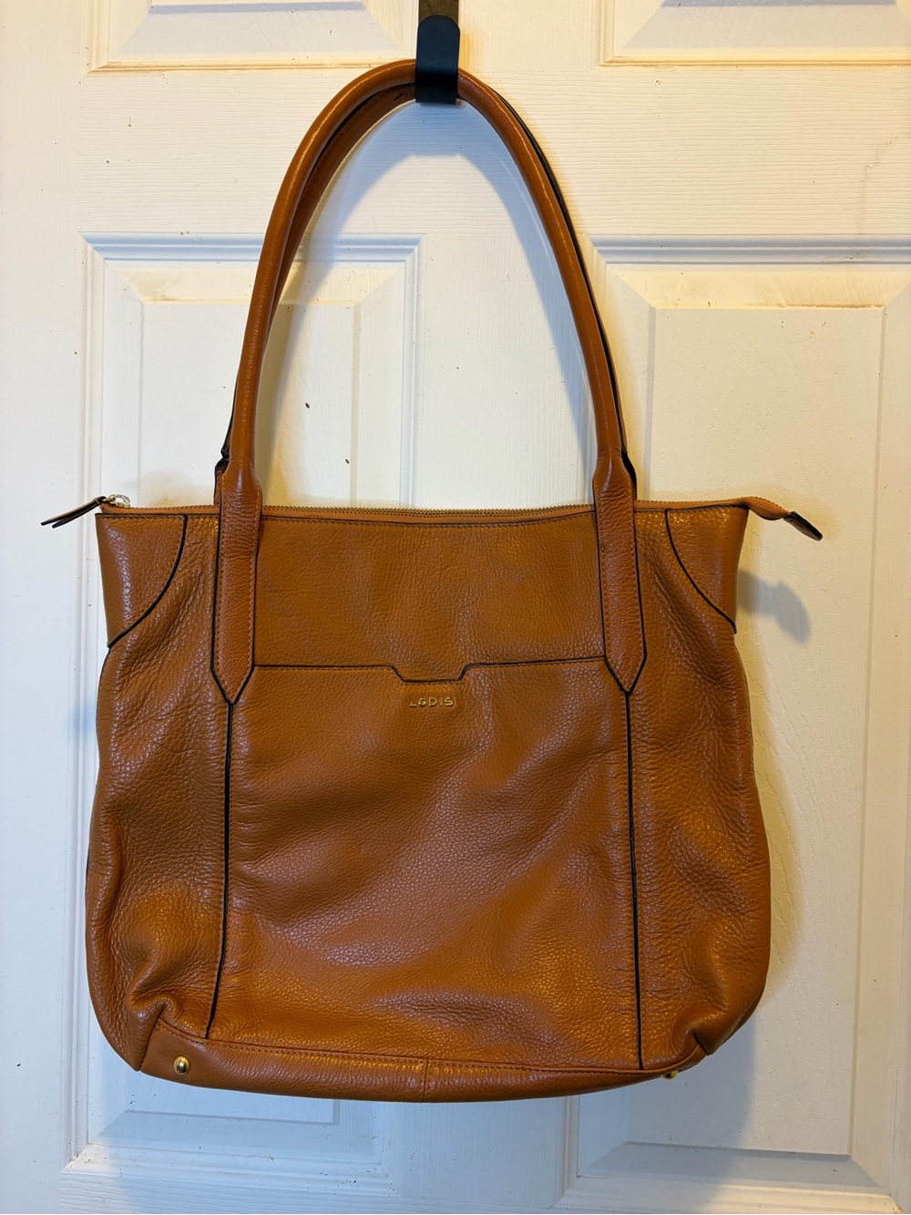 Lodis Kiera Camel Pebbled Leather Tote Bag with Carry-on Zipper Sleeve